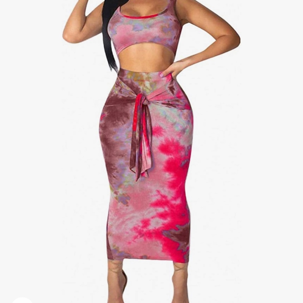 Tie Dye Print Tank Crop and Skirts-2 Piece Skirt